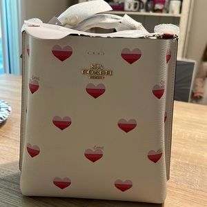 Coach leather bucket bag with striped hearts! NWT
